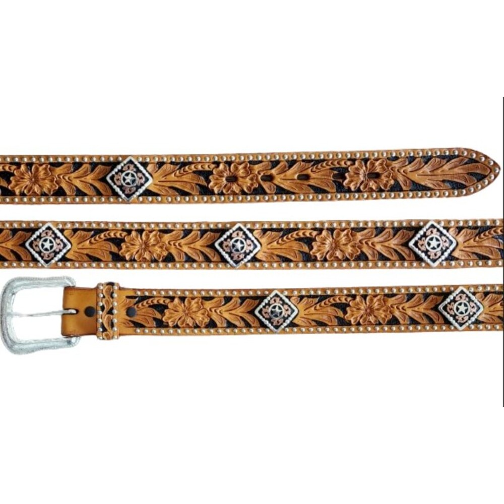 Western Leather Belt Tooled Floral Saddle Tan Ranger Rodeo Studded Size 34